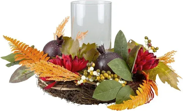 Northlight Mums with Pomegranate Fall Candle Holder Centerpiece