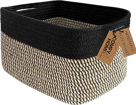 COMFY-HOMI Cotton Rope Woven Basket With Handles for Shelves ,Toys ,Book, Cloth Storage Baskets for Organizing-13.5" x 11" x 9.5" Decorative Organizer for Living Room, Bathroom （White/Brown）