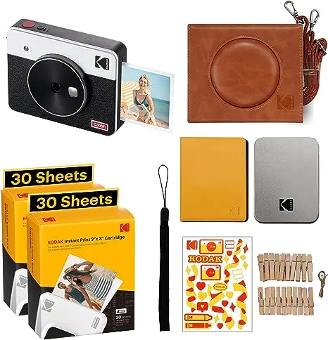 Kodak Mini Shot 3 Retro 4PASS 2-in-1 Instant Camera and Photo Printer (3x3 inches) + 68 Sheets Gift Bundle, White