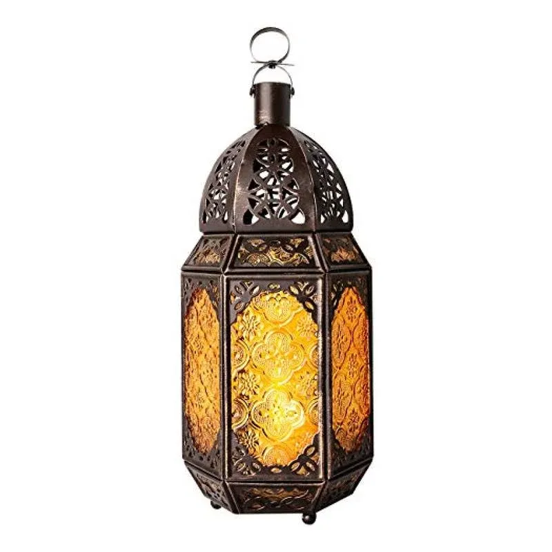 Lewondr Metal Glass Ramadan Candle Lantern, Moroccan Style Portable Candle Holder Pavilion Shape Bowl Bottom Decorative Hanging Lamp Wind Lantern Décor for Home Patio Balcony Garden - Copper + Yellow