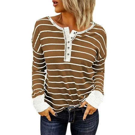 OFEEFAN Women's Long Sleeve Tunic Tops Crew Neck Buttons Side Shirts Split
