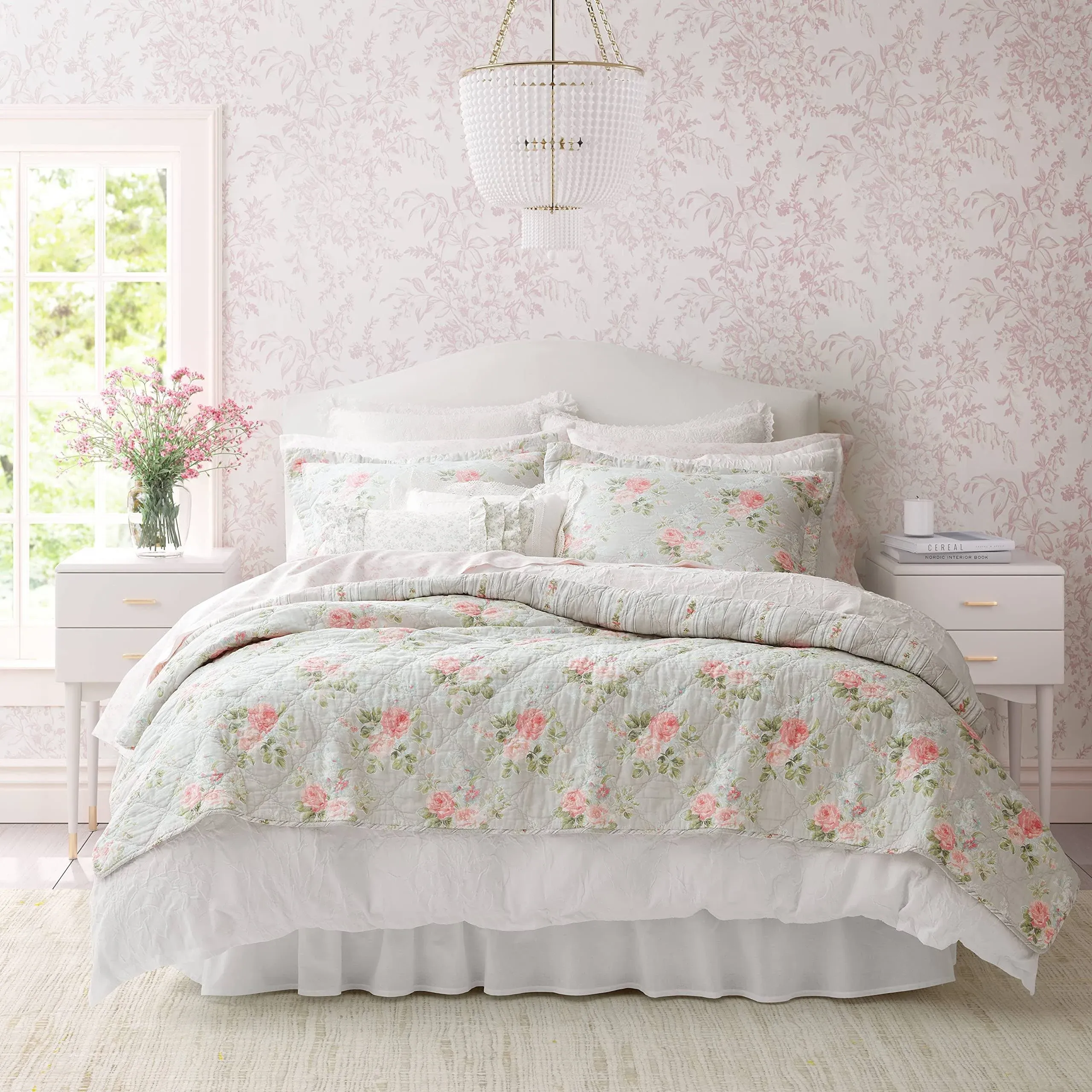 Laura Ashley Full/Queen Quilt Set 3-Pcs Pink Floral Cotton 136-Thread Count