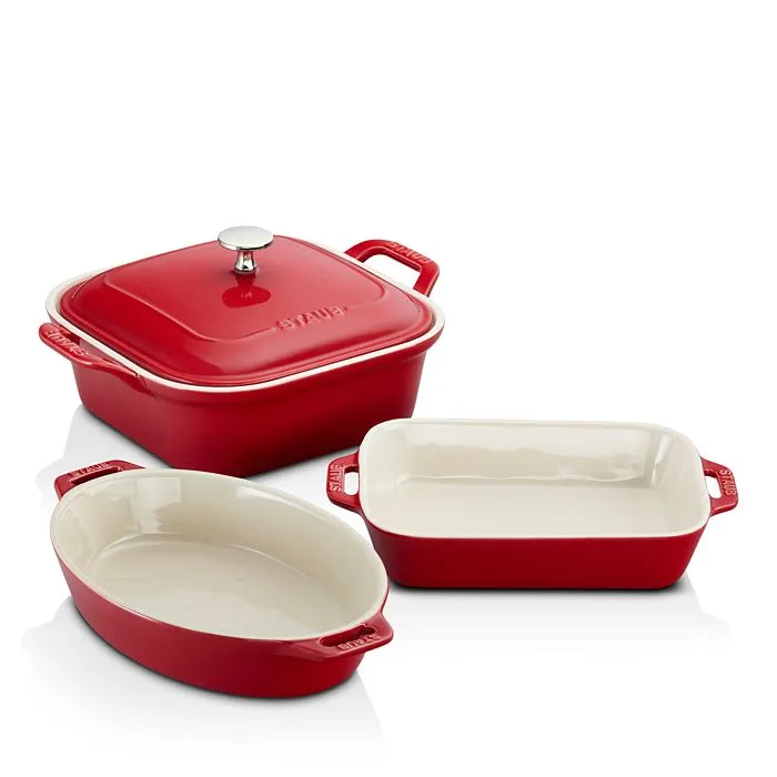 Staub Ceramic 4-pc Baking Pans Set, Casserole Dish with Lid, Brownie Pan, Dark Blue