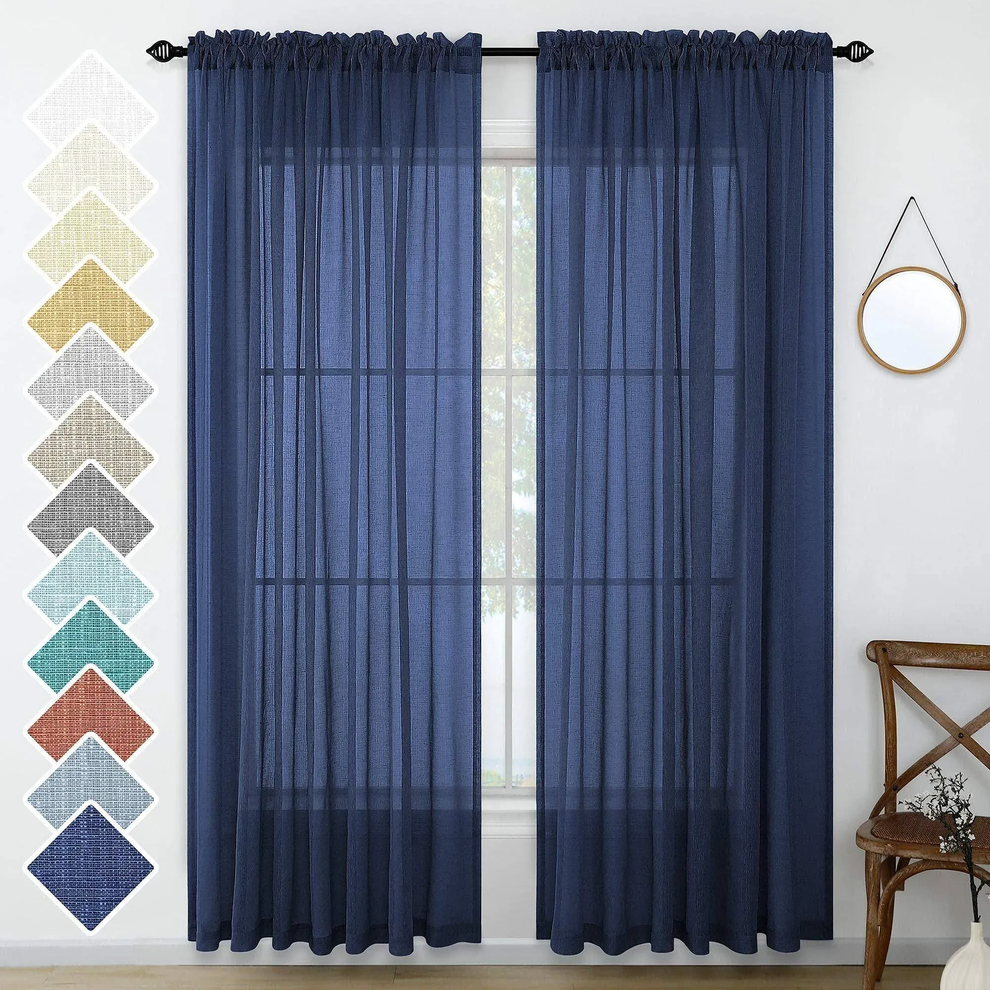 Navy Blue Curtains 108 Inches Long for Living Room Large Window 2 Panels Set Rod Pocket Luxury Linen Look Light Filtering Semi Sheer Extra Long Indigo Curtains for Patio Bedroom Hall Parlor 9FT Length